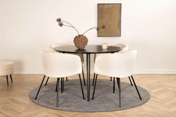DippØ115BLBL Essgruppe Esstisch schwarz und 4 Berit Esszimmerstühle Velour beige.