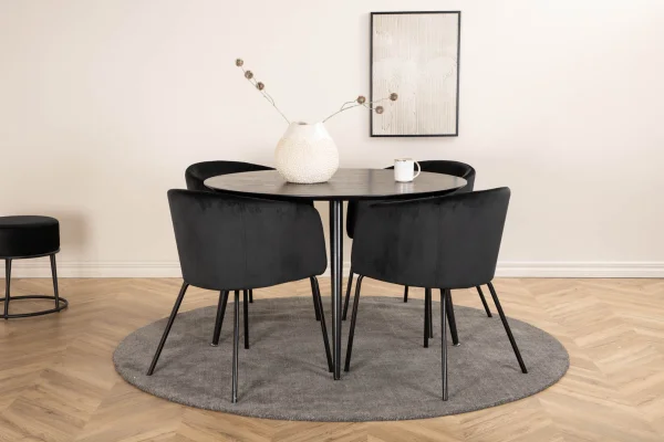 DippØ115BLBL Essgruppe Esstisch schwarz und 4 Berit Esszimmerstühle Velour schwarz.