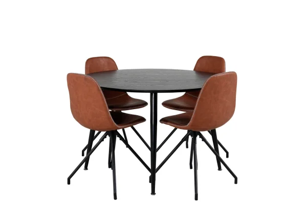 DippØ115BLBL Essgruppe Esstisch schwarz und 4 Polar Esszimmerstühle PU Kunstleder braun.
