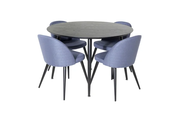 DippØ115BLBL Essgruppe Esstisch schwarz und 4 Velvet Esszimmerstühle blau.