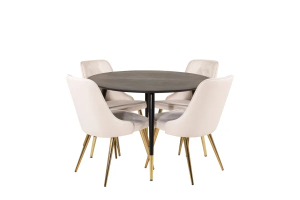 DippØ115BLBR Essgruppe Esstisch schwarz und 4 Velvet Deluxe Esszimmerstühle Velour beige, Messing dekor.