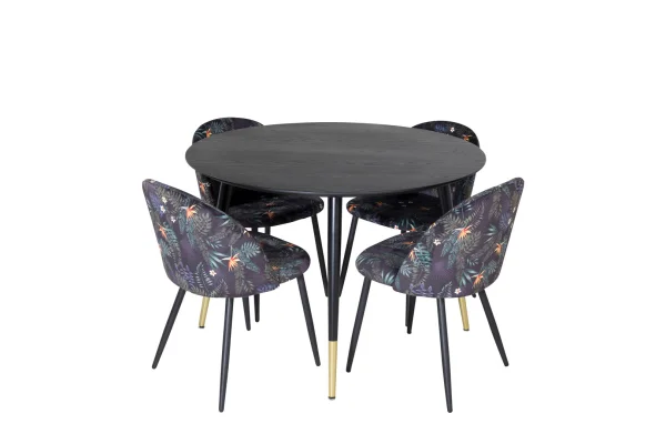 DippØ115BLBR Essgruppe Esstisch schwarz und 4 Velvet Esszimmerstühle Velour geblüht.