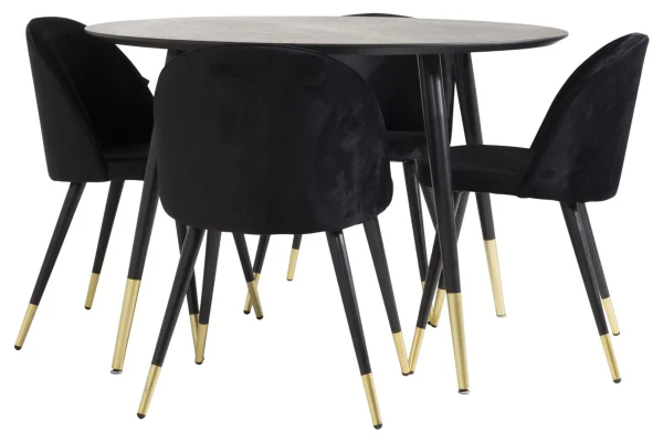 DippØ115BLBR Essgruppe Esstisch schwarz und 4 Velvet Esszimmerstühle Velour schwarz, Messing dekor.