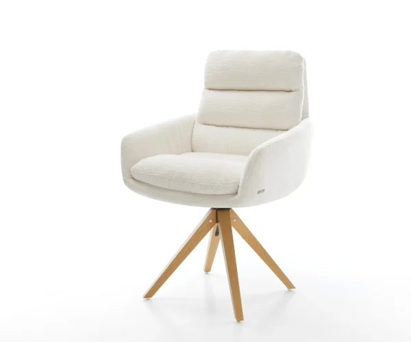 Drehstuhl Abelia-Flex mit Armlehnen Bouclé Soft Beige Holzgestell kantig Natur 180° drehbar