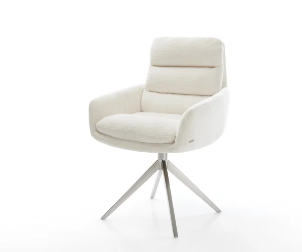 Drehstuhl Abelia-Flex mit Armlehnen Bouclé Soft Beige Kreuzgestell breit Edelstahl 360° drehbar Wippfunktion
