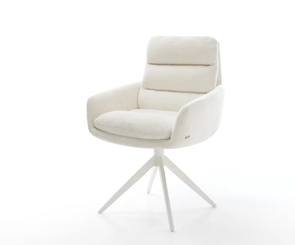 Drehstuhl Abelia-Flex mit Armlehnen Bouclé Soft Beige Kreuzgestell breit Weiß 360° drehbar Wippfunktion
