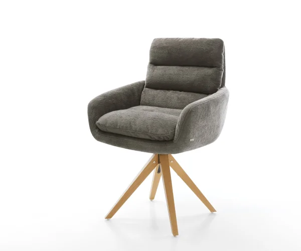 Drehstuhl Abelia-Flex mit Armlehnen Bouclé Soft Schlamm Holzgestell kantig Natur 180° drehbar