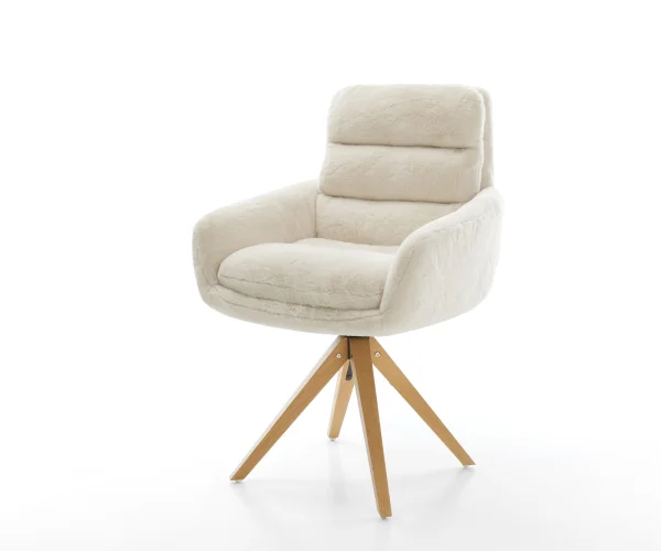 Drehstuhl Abelia-Flex mit Armlehnen Plüsch Creme-Weiß Holzgestell kantig Natur 180° drehbar