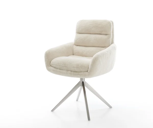 Drehstuhl Abelia-Flex mit Armlehnen Plüsch Creme-Weiß Kreuzgestell breit Edelstahl 360° drehbar Wippfunktion