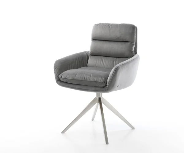 Drehstuhl Abelia-Flex mit Armlehnen Samt Grau Kreuzgestell breit Edelstahl 360° drehbar Wippfunktion