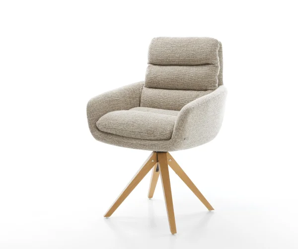 Drehstuhl Abelia-Flex mit Armlehnen Webstoff Soft Beige Holzgestell kantig Natur 180° drehbar