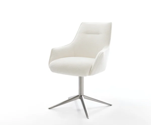 Drehstuhl Alja-Flex mit Armlehnen Bouclé Soft Beige Fußkreuz Edelstahl 360° drehbar Wippfunktion Taschenfederkern