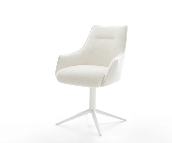 Drehstuhl Alja-Flex mit Armlehnen Bouclé Soft Beige Fußkreuz Weiß 360° drehbar Wippfunktion Taschenfederkern