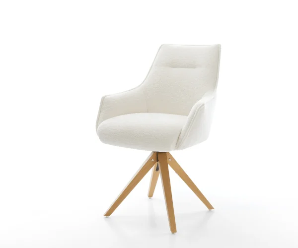 Drehstuhl Alja-Flex mit Armlehnen Bouclé Soft Beige Holzgestell kantig Natur 180° drehbar Taschenfederkern