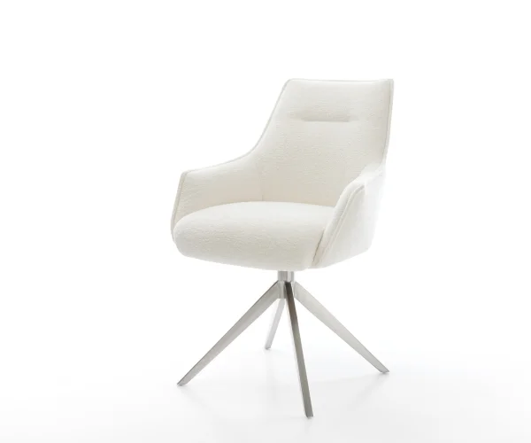 Drehstuhl Alja-Flex mit Armlehnen Bouclé Soft Beige Kreuzgestell breit Edelstahl 360° drehbar Wippfunktion Taschenfederkern
