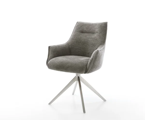 Drehstuhl Alja-Flex mit Armlehnen Bouclé Soft Schlamm Kreuzgestell breit Edelstahl 360° drehbar Wippfunktion Taschenfederkern