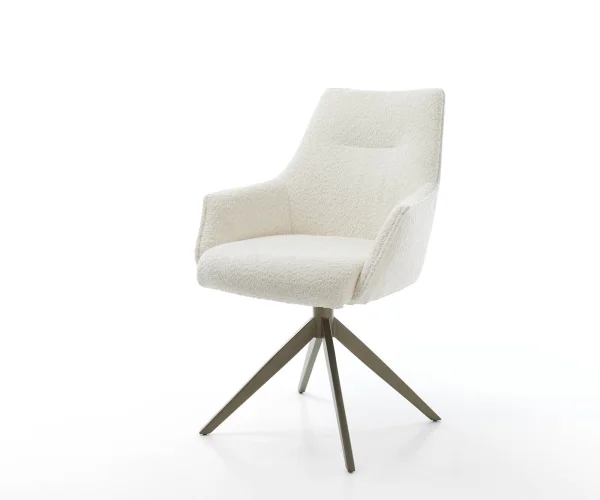 Drehstuhl Alja-Flex mit Armlehnen Bouclé Weiß Kreuzgestell breit Effektfinish Titan 360° drehbar Taschenfederkern