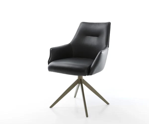 Drehstuhl Alja-Flex mit Armlehnen Echt-Leder Schwarz Kreuzgestell breit Effektfinish Titan 360° drehbar Wippfunktion Taschenfederkern
