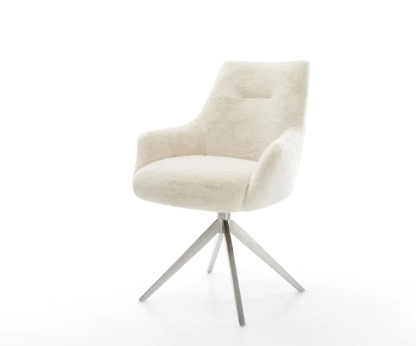 Drehstuhl Alja-Flex mit Armlehnen Plüsch Creme-Weiß Kreuzgestell breit Edelstahl 360° drehbar Wippfunktion Taschenfederkern