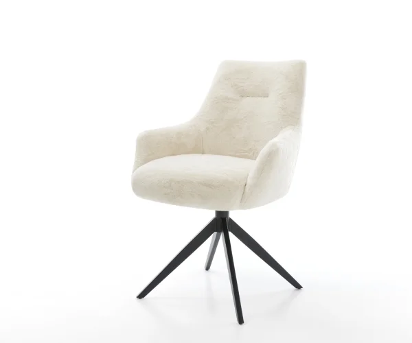 Drehstuhl Alja-Flex mit Armlehnen Plüsch Creme-Weiß Kreuzgestell breit Schwarz 360° drehbar Wippfunktion Taschenfederkern