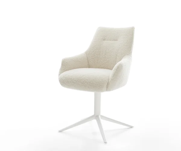 Drehstuhl Alja-Flex mit Armlehnen Teddystoff Beige Fußkreuz Weiß 360° drehbar Wippfunktion Taschenfederkern