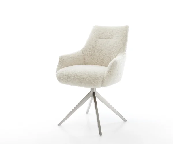 Drehstuhl Alja-Flex mit Armlehnen Teddystoff Beige Kreuzgestell breit Edelstahl 360° drehbar Wippfunktion Taschenfederkern