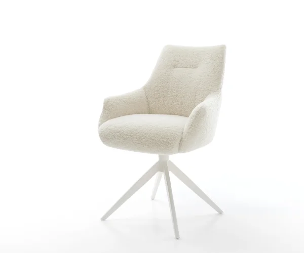 Drehstuhl Alja-Flex mit Armlehnen Teddystoff Beige Kreuzgestell breit Weiß 360° drehbar Wippfunktion Taschenfederkern