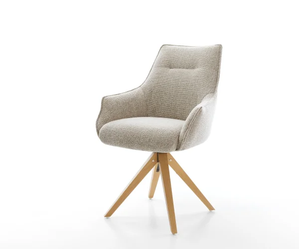 Drehstuhl Alja-Flex mit Armlehnen Webstoff Soft Beige Holzgestell kantig Natur 180° drehbar Taschenfederkern