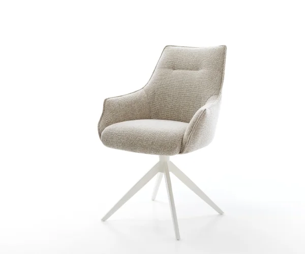 Drehstuhl Alja-Flex mit Armlehnen Webstoff Soft Beige Kreuzgestell breit Weiß 360° drehbar Wippfunktion Taschenfederkern