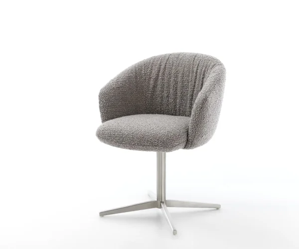 Drehstuhl Caja-Flex mit Armlehnen Bouclé Silbergrau Fußkreuz Edelstahl 360° drehbar Taschenfederkern