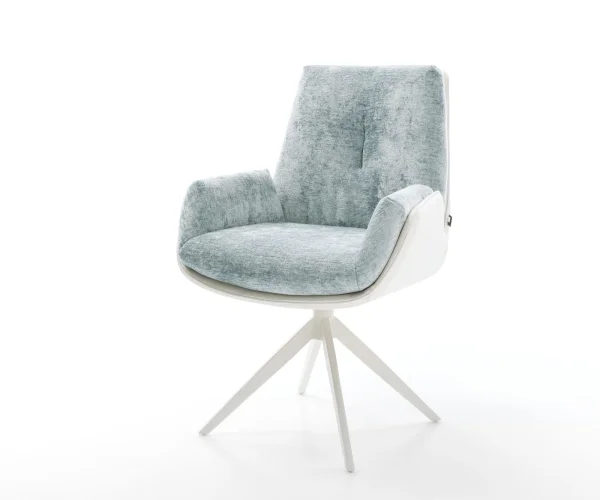 Drehstuhl Clea-Flex Materialmix Echtleder Weiß-Pastellblau Kreuzgestell breit Weiß 360° drehbar Wippfunktion