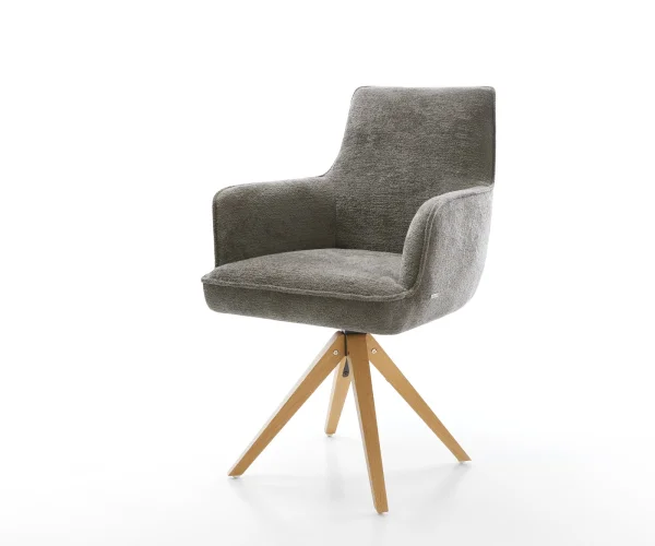 Drehstuhl Heira-Flex mit Armlehnen Bouclé Soft Schlamm Holzgestell kantig Natur 180° drehbar Taschenfederkern