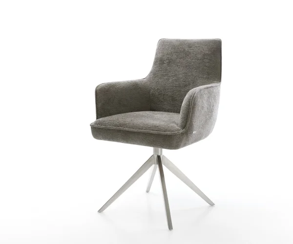Drehstuhl Heira-Flex mit Armlehnen Bouclé Soft Schlamm Kreuzgestell breit Edelstahl 360° drehbar Wippfunktion Taschenfederkern