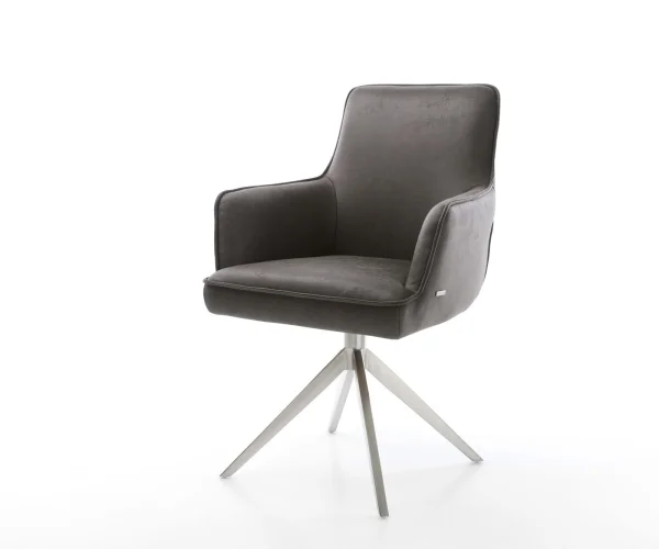 Drehstuhl Heira-Flex mit Armlehnen Mikrofaser Anthrazit Vintage Kreuzgestell breit Edelstahl 360° drehbar Wippfunktion Taschenfederkern