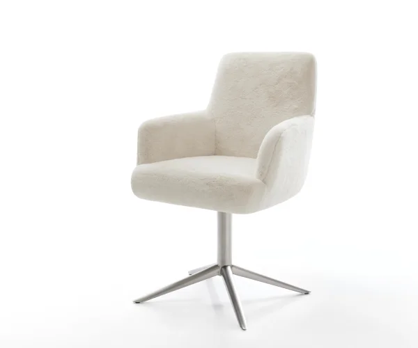 Drehstuhl Heira-Flex mit Armlehnen Plüsch Creme-Weiß Fußkreuz Edelstahl 360° drehbar Wippfunktion Taschenfederkern