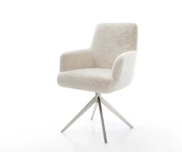 Drehstuhl Heira-Flex mit Armlehnen Plüsch Creme-Weiß Kreuzgestell breit Edelstahl 360° drehbar Wippfunktion Taschenfederkern