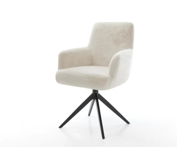 Drehstuhl Heira-Flex mit Armlehnen Plüsch Creme-Weiß Kreuzgestell breit Schwarz 360° drehbar Wippfunktion Taschenfederkern