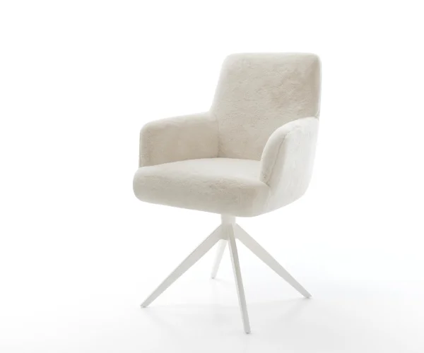Drehstuhl Heira-Flex mit Armlehnen Plüsch Creme-Weiß Kreuzgestell breit Weiß 360° drehbar Wippfunktion Taschenfederkern