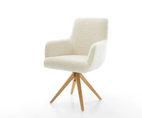 Drehstuhl Heira-Flex mit Armlehnen Teddystoff Beige Holzgestell kantig Natur 180° drehbar Taschenfederkern