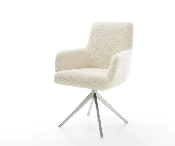 Drehstuhl Heira-Flex mit Armlehnen Teddystoff Beige Kreuzgestell breit Edelstahl 360° drehbar Wippfunktion Taschenfederkern