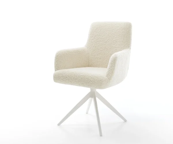 Drehstuhl Heira-Flex mit Armlehnen Teddystoff Beige Kreuzgestell breit Weiß 360° drehbar Wippfunktion Taschenfederkern