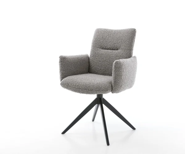 Drehstuhl Jova-Flex mit Armlehnen Bouclé Silbergrau Kreuzgestell breit Schwarz 360° drehbar Taschenfederkern