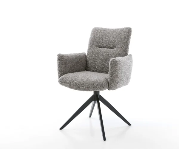 Drehstuhl Jova-Flex mit Armlehnen Bouclé Silbergrau Kreuzgestell breit Schwarz 360° drehbar Wippfunktion Taschenfederkern