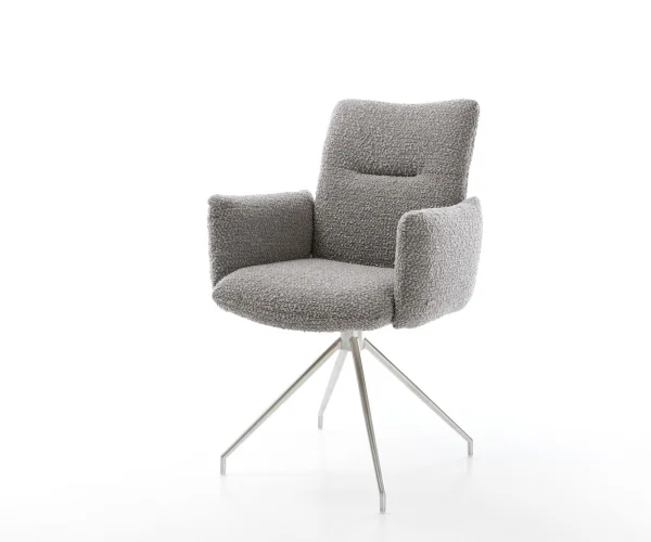 Drehstuhl Jova-Flex mit Armlehnen Bouclé Silbergrau Kreuzgestell konisch Edelstahl 180° drehbar Taschenfederkern