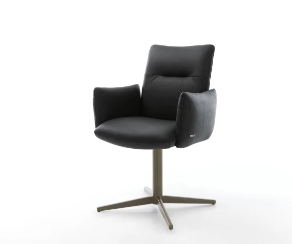 Drehstuhl Jova-Flex mit Armlehnen Echt-Leder Schwarz Fußkreuz Effektfinish Titan 360° drehbar Taschenfederkern