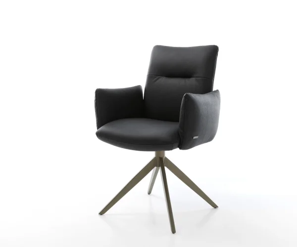 Drehstuhl Jova-Flex mit Armlehnen Echt-Leder Schwarz Kreuzgestell breit Effektfinish Titan 360° drehbar Wippfunktion Taschenfederkern