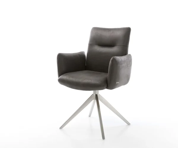 Drehstuhl Jova-Flex mit Armlehnen Mikrofaser Anthrazit Vintage Kreuzgestell breit Edelstahl 360° drehbar Wippfunktion Taschenfederkern