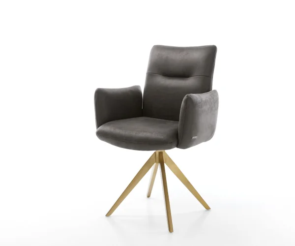 Drehstuhl Jova-Flex mit Armlehnen Mikrofaser Anthrazit Vintage Kreuzgestell kantig Gold 180° drehbar Taschenfederkern