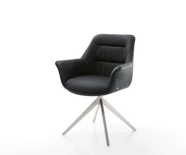 Drehstuhl Kaira-Flex Echt-Leder Schwarz Kreuzgestell breit Edelstahl 360° drehbar Wippfunktion