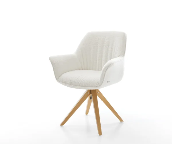 Drehstuhl Keila-Flex mit Armlehnen Bouclé Soft Beige Holzgestell kantig Natur 180° drehbar